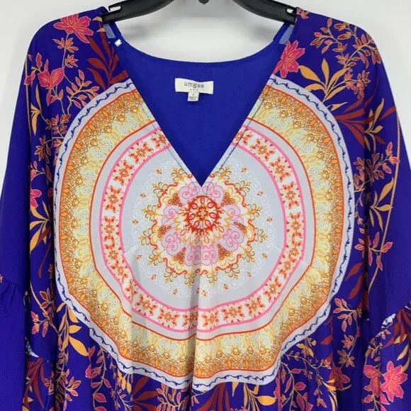 Umgee Top Blue V Neck Bell Sleeve Boho Medallion Printed - Picture 4 of 11